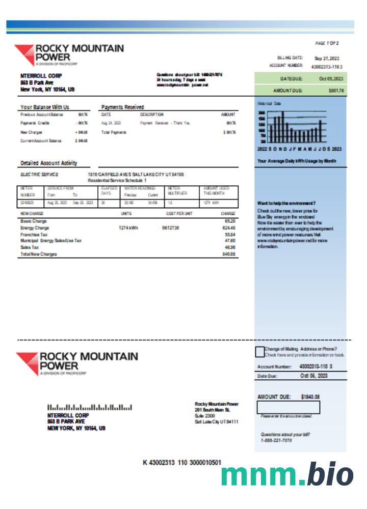 Rocky Mountain Power electricity rachunek za usługi komunalne